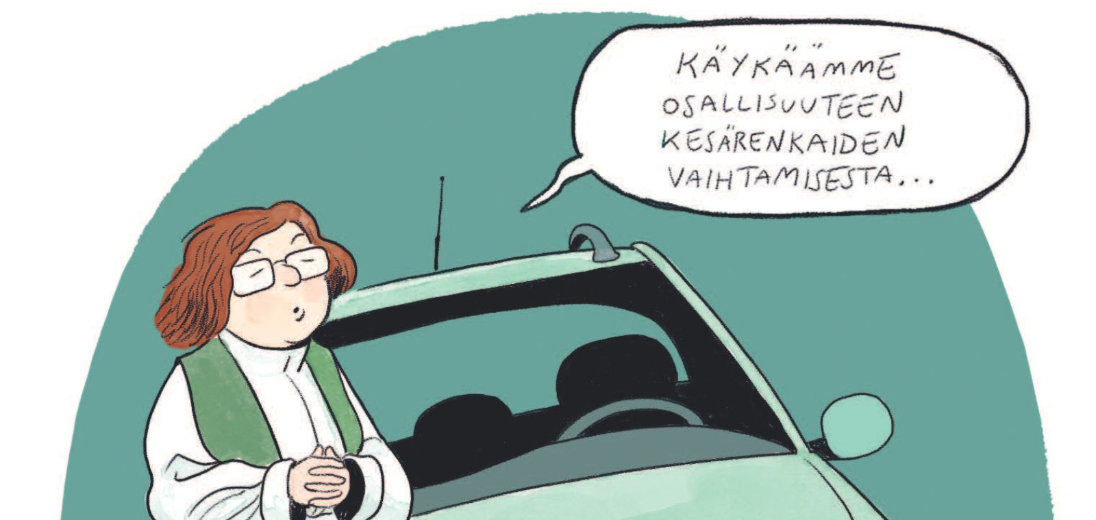 Piirroskuva jossa naispuolinen pappi auton vieressä.