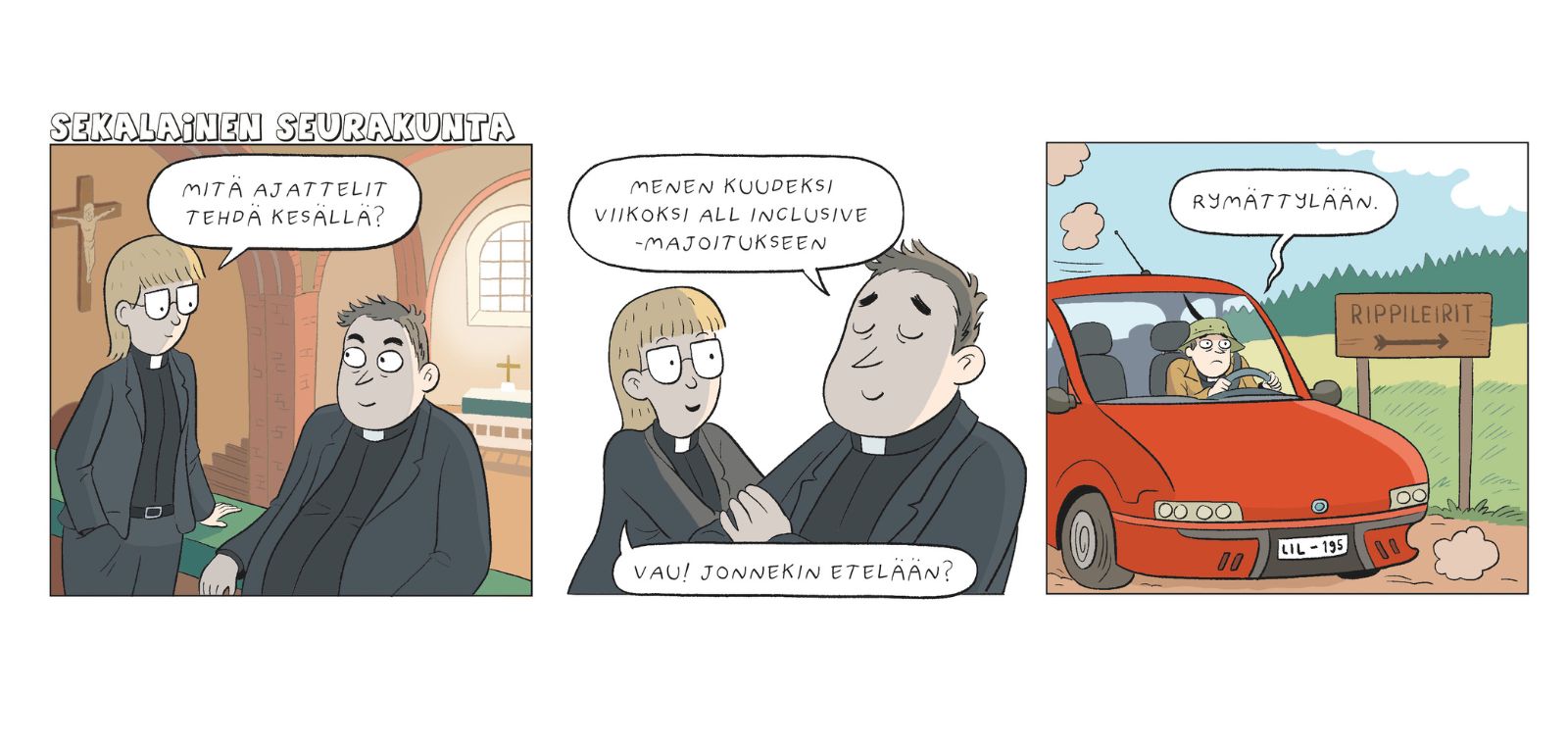 Kolmeruutuinen sarjakuva Sekalainen seurakunta