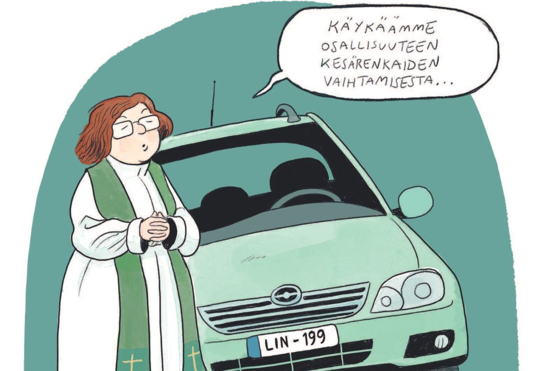 Piirroskuva, jossa naispuolinen pappi on renkaanvaihdossa olevan auton vieressä.