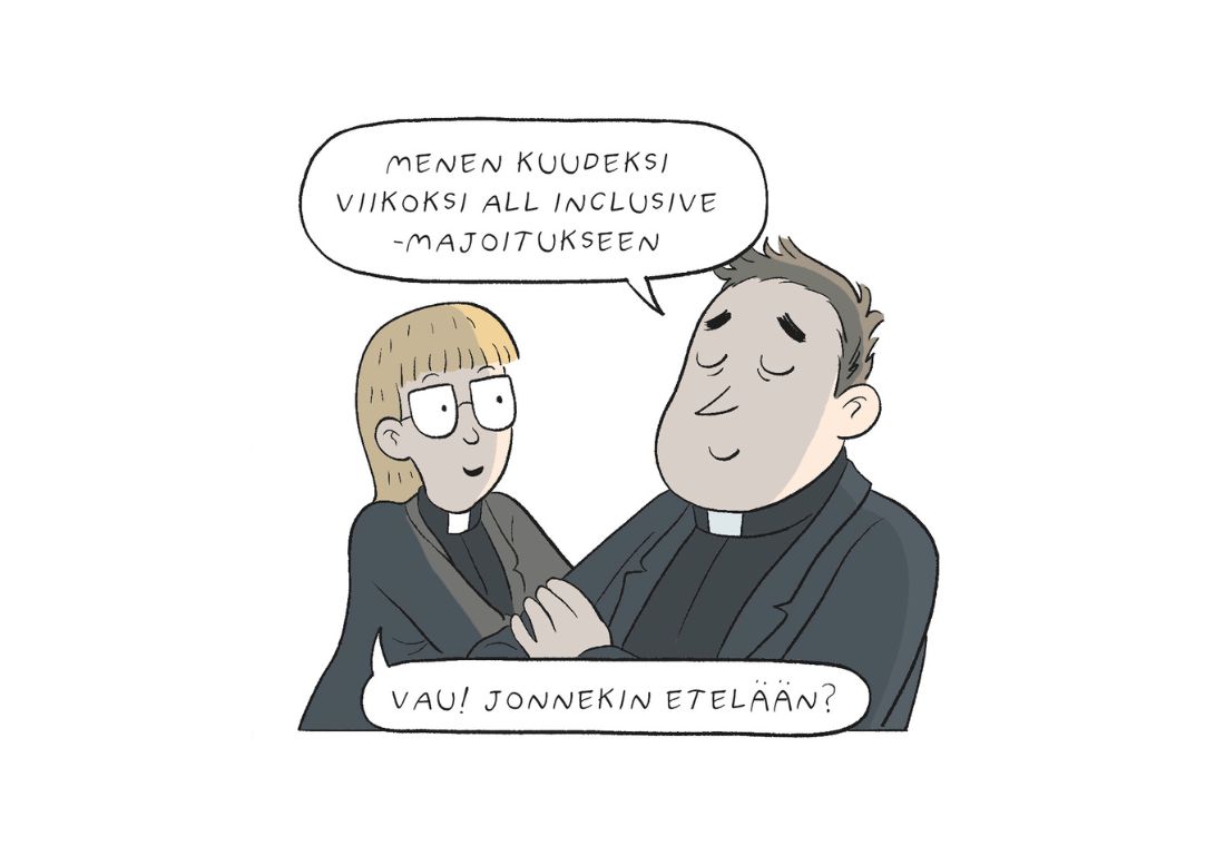 Kolmeruutuinen sarjakuva Sekalainen seurakunta.