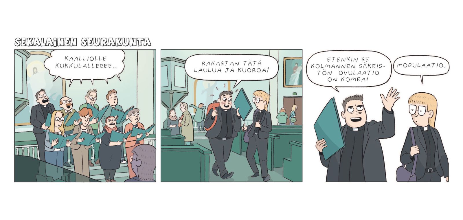 Kolmeruutuinen sarjakuva Sekalainen seurakunta.